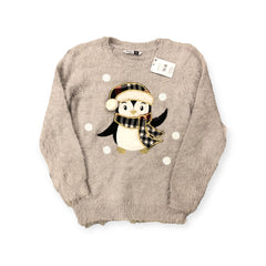 Ppco Penguin Applique Fluffy Knit Grey Sweater